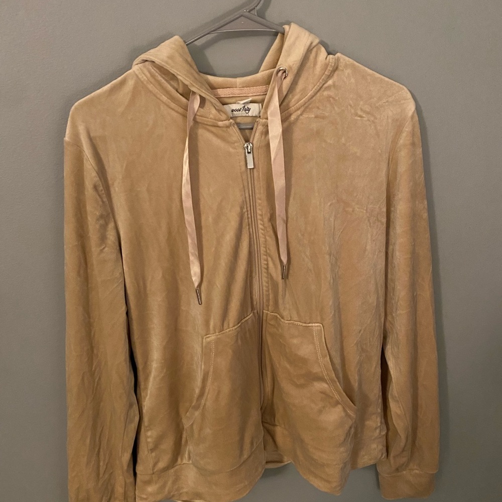Soft Velour Zip Up Cream Hoodie